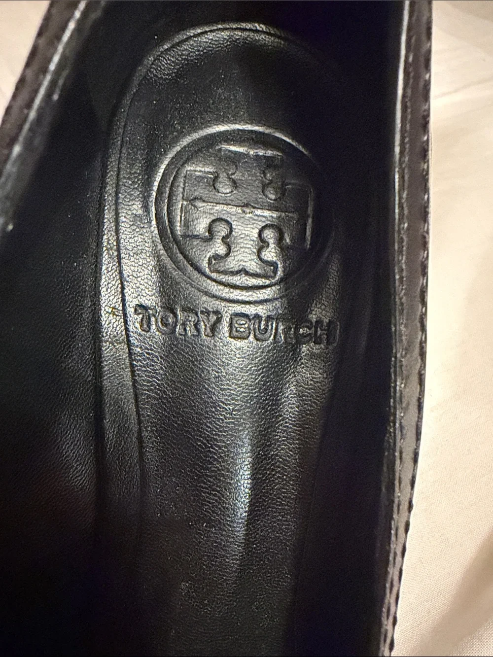 Tory Burch Black Leather chunky heels with Gold Logo Medallion